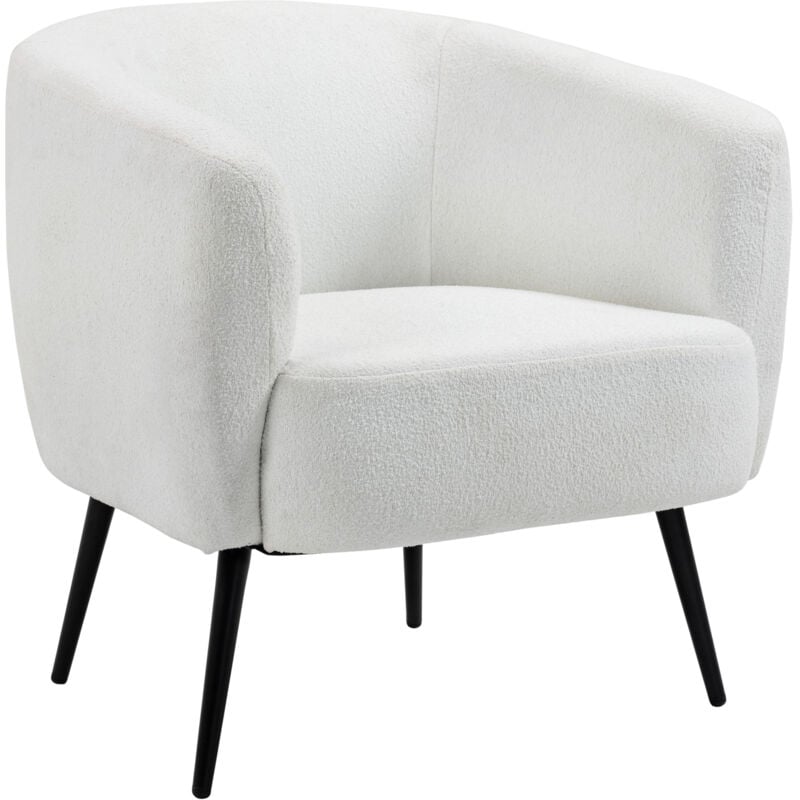 Homcom - Fauteuil lounge design - piètement effilé incliné métal noir - revêtement effet laine bouclée blanc cassé