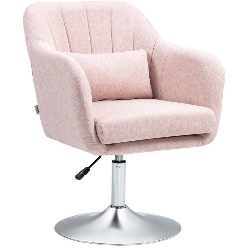 Homcom - Fauteuil lounge design grand confort coussins lombaires hauteur réglable pivotant 360° piètement métal chromé lin rose