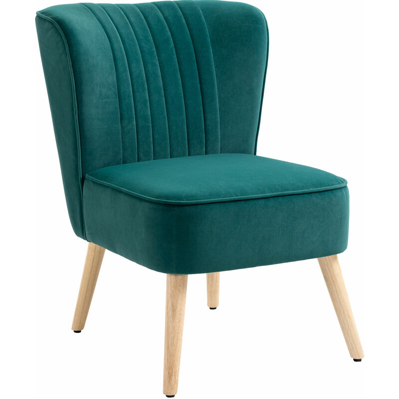 Fauteuil lounge design scandinave pieds effilés bois massif hévéa revêtement tissu polyester aspect velours turquoise