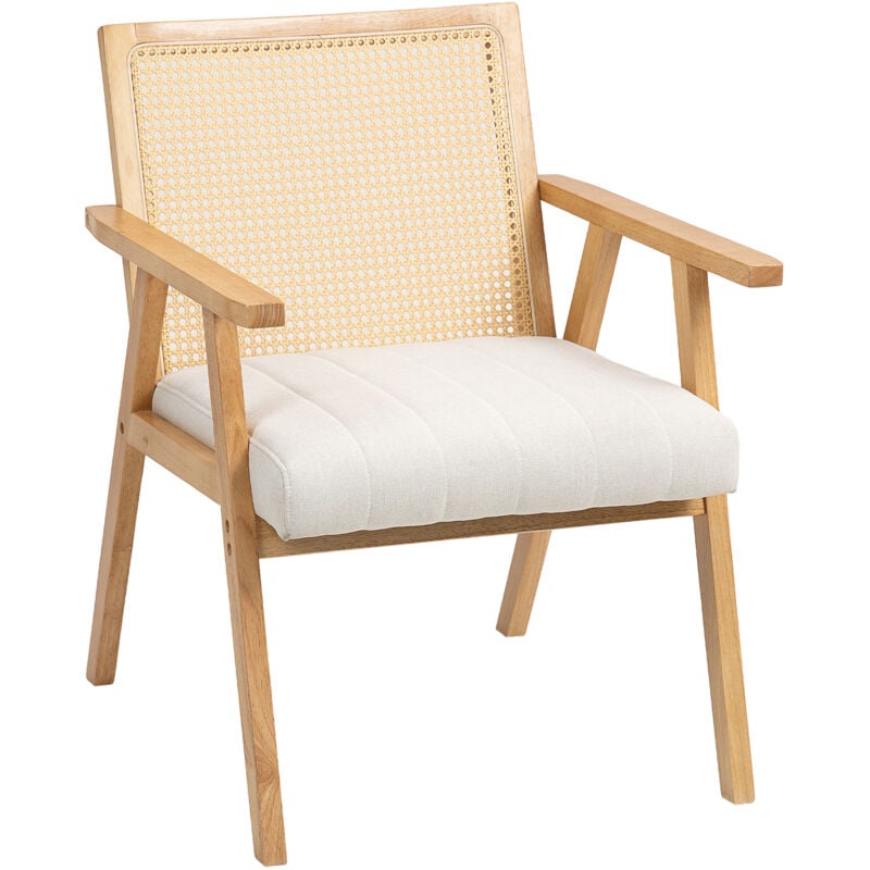 Fauteuil lounge en cannage et bois épais coussin toucher lin blanc cassé