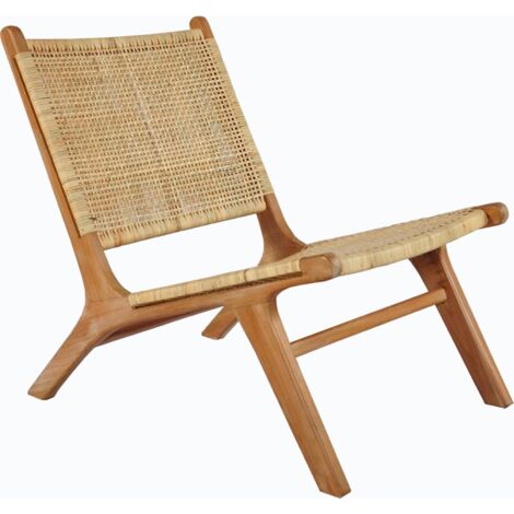 Fauteuil lounge en teck et rotin naturel style bohème chic - naturel bois et rotin clair