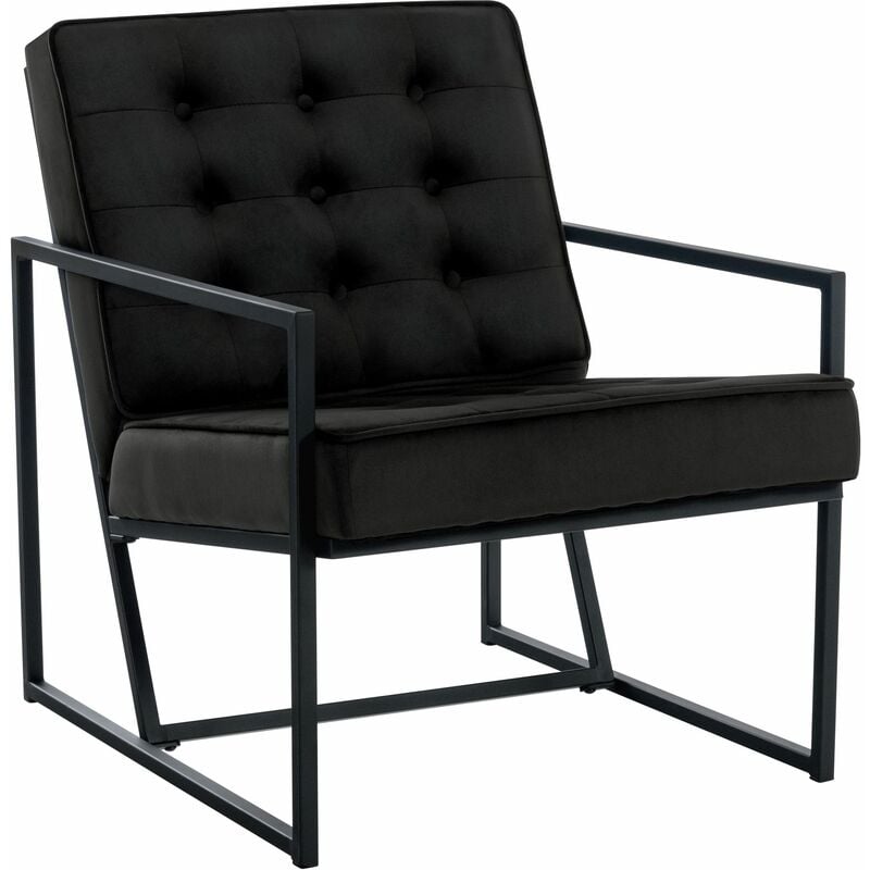 décoshop26 - fauteuil lounge en velours noir et cadre métallique capitonné design minimaliste