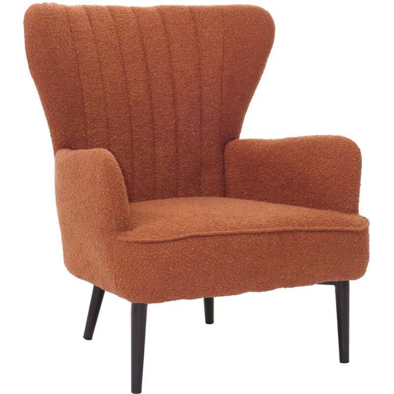 Fauteuil lounge HHG 067, fauteuil cocktail/à oreilles chaise rembourrée rétro vintage tissu bouclé (600g/m²) Öko-Tex, terrakotta
