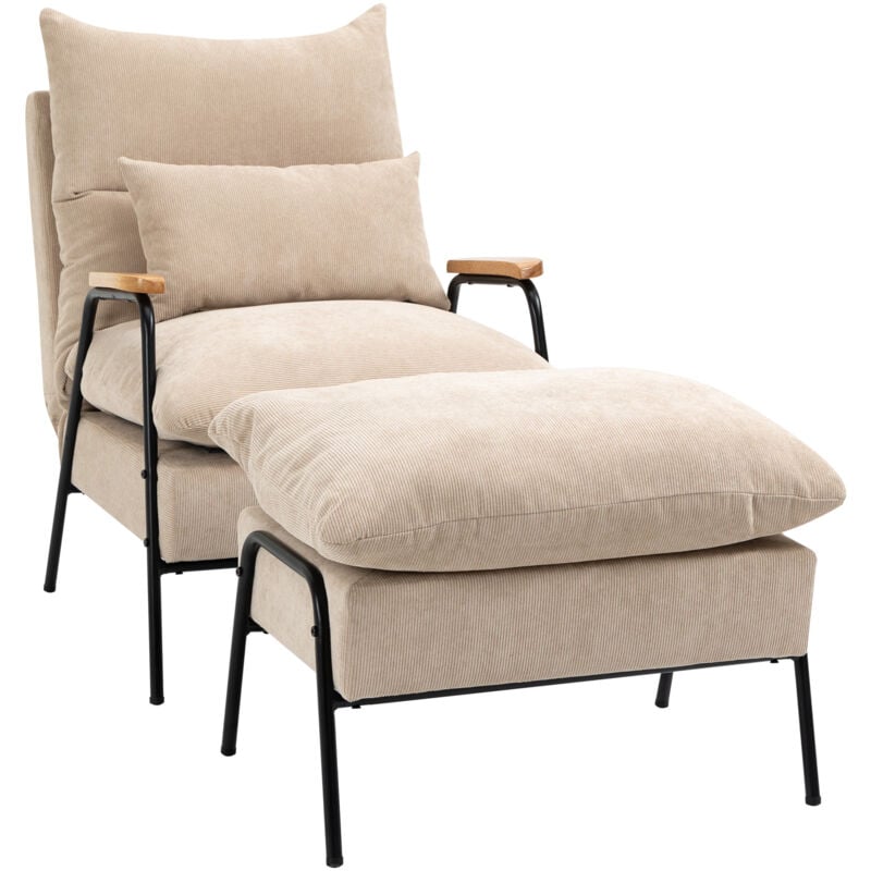Fauteuil lounge néo-rétro inclinable avec repose-pied velours cotelé