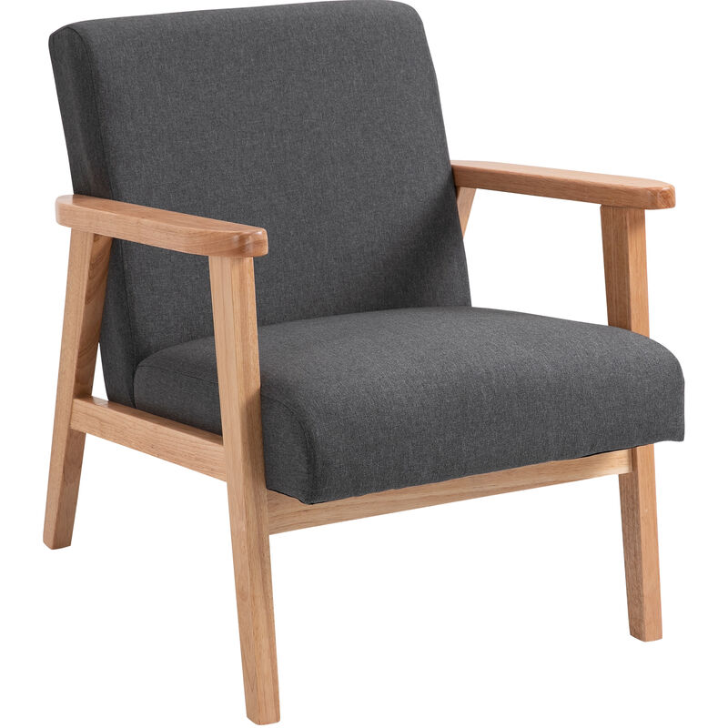 Fauteuil lounge style néo-rétro assise dossier ergonomique accoudoirs structure bois hévéa revêtement lin gris foncé - Gris