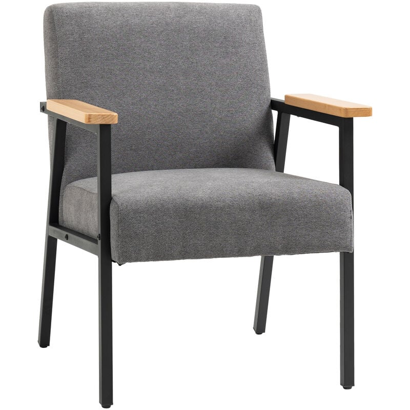 homcom - fauteuil lounge style néo-rétro structure acier noir accoudoirs bois hévéa revêtement tissu aspect lin gris