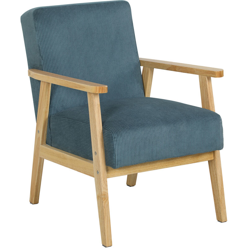 Fauteuil lounge style nordique piètement structure accoudoirs bois hévéa velours côtelé bleu