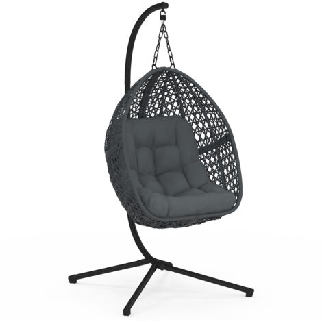 Fauteuil lune suspendu ajouré effet rotin avec coussin gris