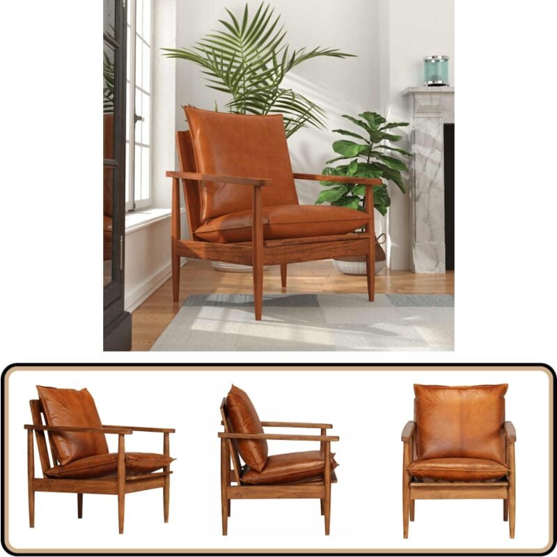 Fauteuil Marron Cuir véritable avec bois d'acacia - Fauteuil En Cuir - Fauteuil Design - Fauteuil Vintage - Fauteuil Acacia - Chaise Relaxante