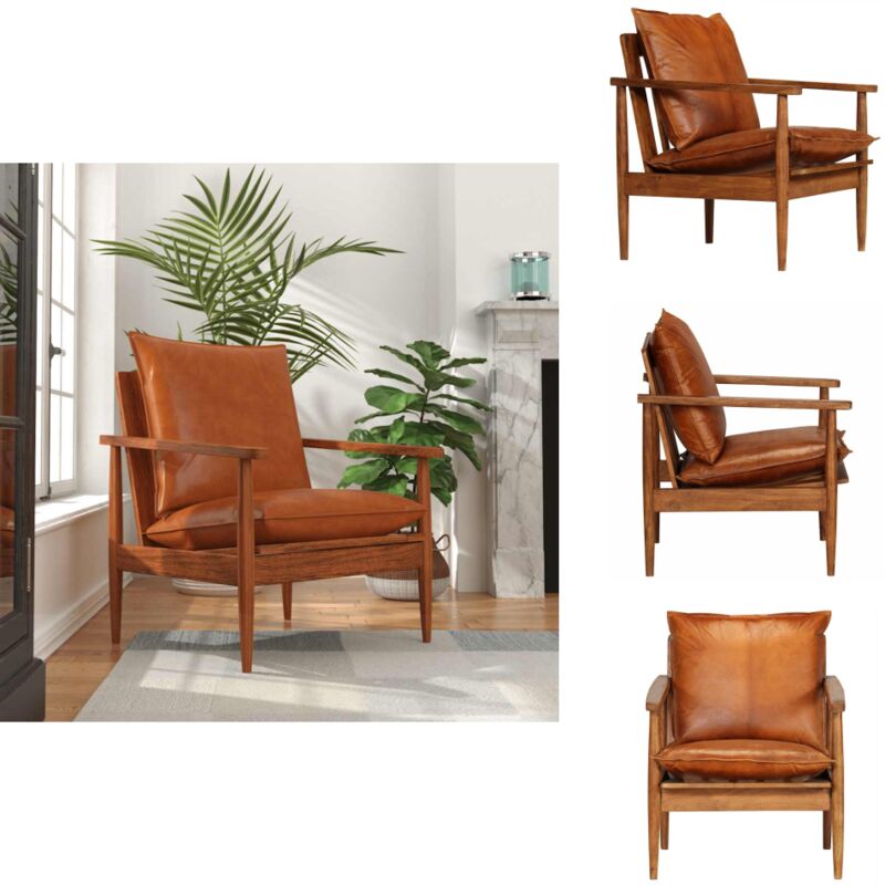 Fauteuil Marron Cuir véritable avec bois d'acacia - Fauteuil En Cuir - Fauteuil Design - Fauteuil Vintage - Fauteuil Acacia - Chaise Relaxante