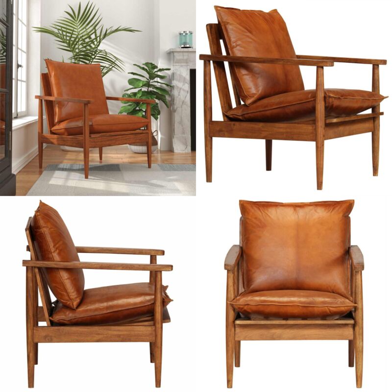 Fauteuil Marron Cuir véritable avec bois d'acacia - Fauteuil En Cuir - Fauteuil Design - Fauteuil Vintage - Fauteuil Acacia - Chaise Relaxante - Home