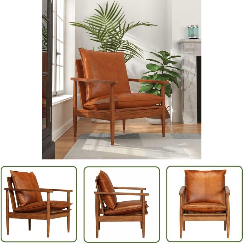 The Living Store - Fauteuil Marron Cuir véritable avec bois d'acacia - Fauteuil En Cuir - Fauteuil Design - Fauteuil Vintage - Fauteuil Acacia