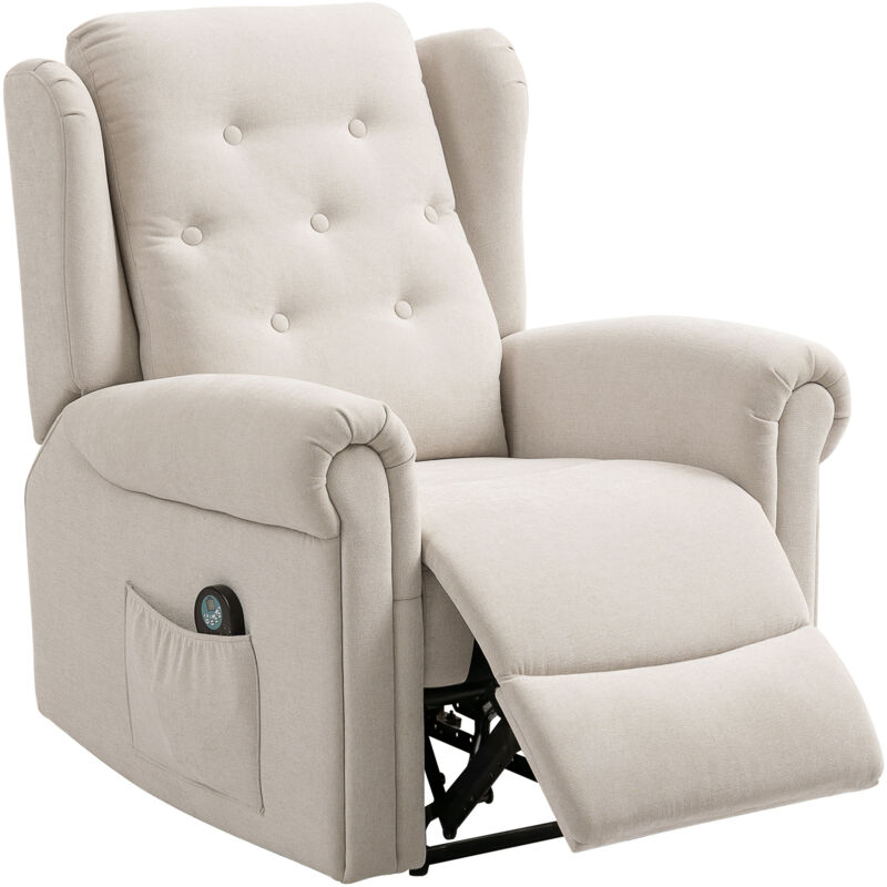 Homcom - Fauteuil massant chauffant inclinable repose-pieds intégré poche rangement tissu toucher lin beige