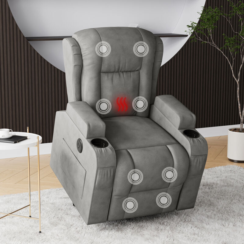 Fauteuil Massant,Siège Massant, fauteuil massant 8 points avec chauffage lombaire, inclinable 160°, avec ports USB, porte-gobelets,prise EU,Gris