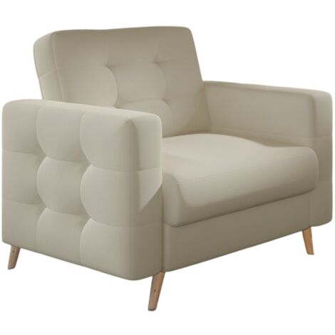 Fauteuil matelassé simili cuir beige clair et bois clair Anska