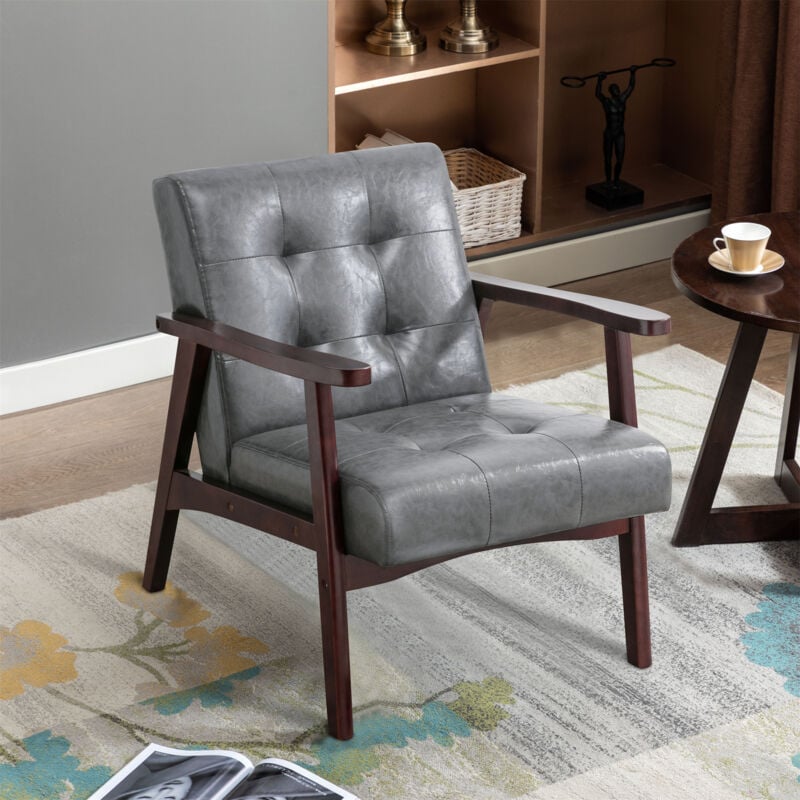 Fauteuil Médiéval Chaise Vintage en Similicuir Tufté avec Accoudoirs en Bois, Style Vintage, Tapissé en Bois Dur, Gris Foncé