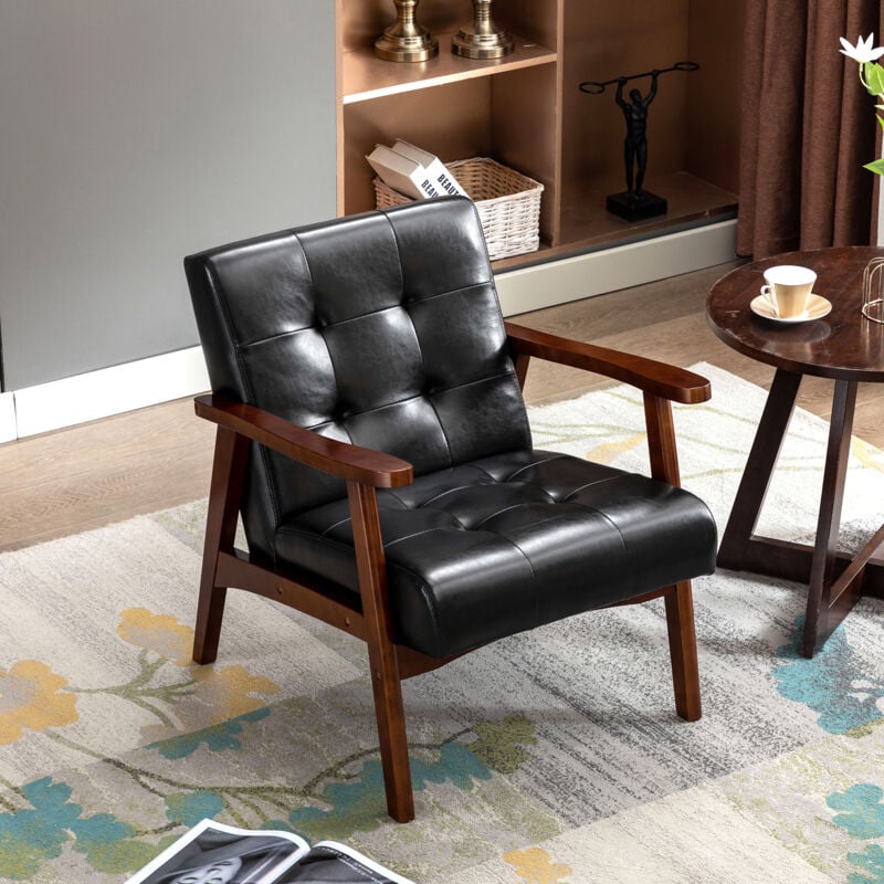 Fauteuil Médiéval Chaise Vintage en Similicuir Tufté avec Accoudoirs en Bois, Style Vintage, Tapissé en Bois Dur, Noir