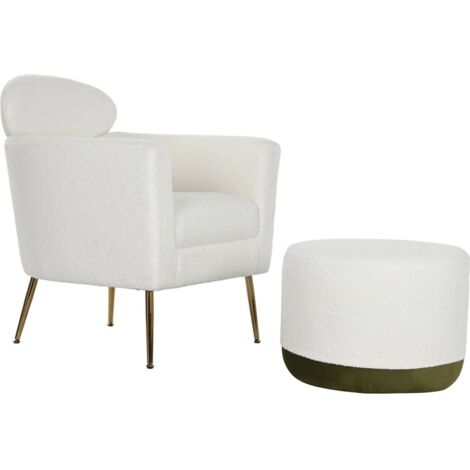 Fauteuil moderne blanc avec repose pieds élégant bois et polyester - Blanc neige et doré élégant