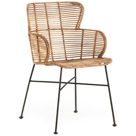 Fauteuil moderne en osier naturel et pieds métal noir BARRY – intérieur et extérieur