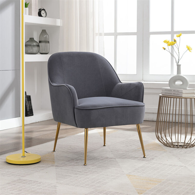 Fauteuil moderne en velours doux, fauteuil d'intérieur avec pieds en or et pieds réglables, pour salon, chambre à coucher, gris