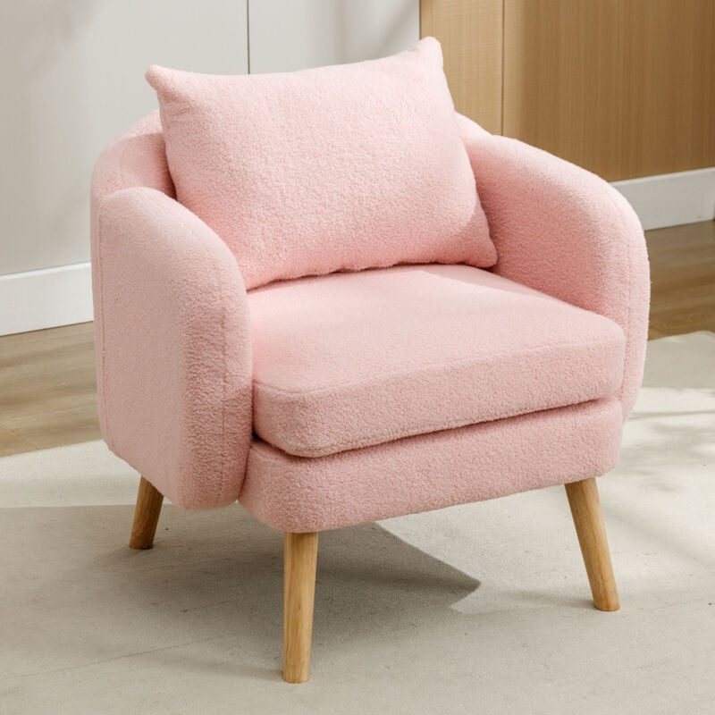 Fauteuil scandinave Moderne en Velours Teddy avec coussin extra épais,Fauteuil de Salon,Chaise longue à pieds en bois massif - Rose
