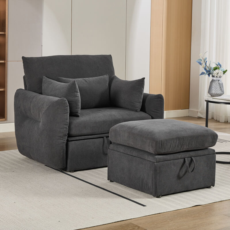 Okwish - Fauteuil gris avec espace de rangement, canapé monoplace avec repose-pieds et oreillers, 120x90x93 cm