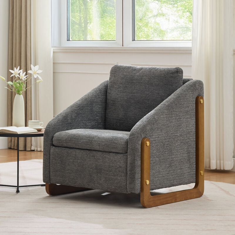 Fauteuil moderne, fauteuil lounge, avec accoudoirs en bois, avec coussin de dossier, tissu chenille, Gris