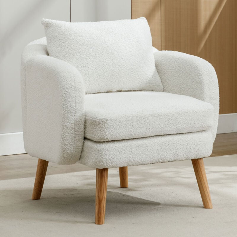 Redom - Fauteuil moderne et simple en velours Teddy avec coussin, fauteuil à coussin extra épais, chaise à pieds en bois, Blanc
