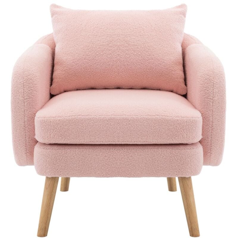 Fauteuil moderne simple en velours Teddy avec coussins, canapé simple, pieds en bois massif - Rose