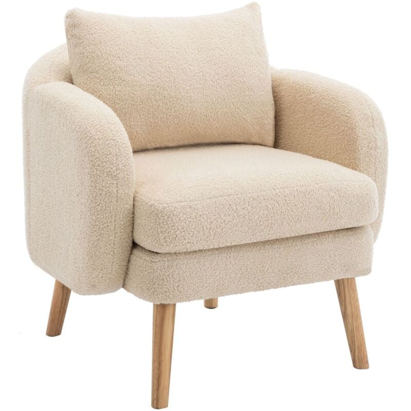 Fauteuil moderne simple en velours Teddy avec coussins, canapé simple, pieds en bois massif - Beige