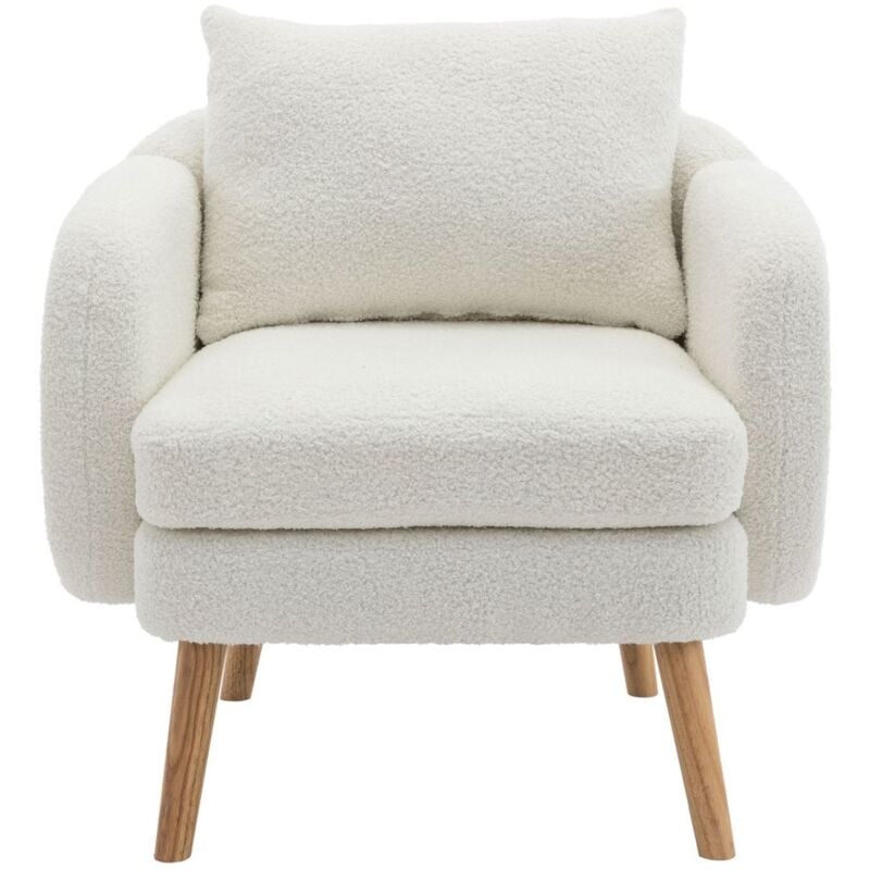 Fauteuil moderne simple en velours Teddy avec coussins, canapé simple, pieds en bois massif - Blanc