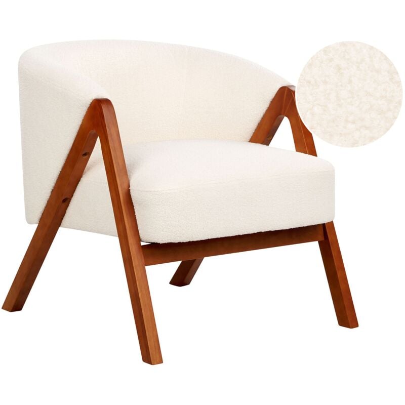 Fauteuil Moderne Tissu Bois d'Hévéa Pieds en Bois Bouclé Blanc Cassé Skei