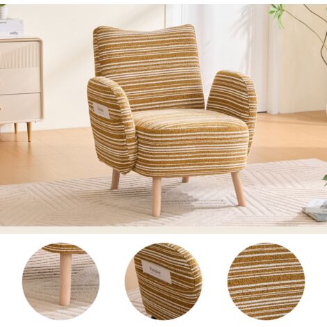 Fauteuil moderne tissu motifs circulaires poche latérale pieds bois massif lecture confortable salon chambre bureau 81x77x87cm - Jaune moutarde