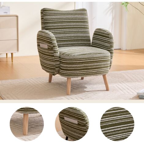 Fauteuil moderne tissu motifs circulaires poche latérale pieds bois massif lecture confortable salon chambre bureau 81x77x87cm - Vert olive