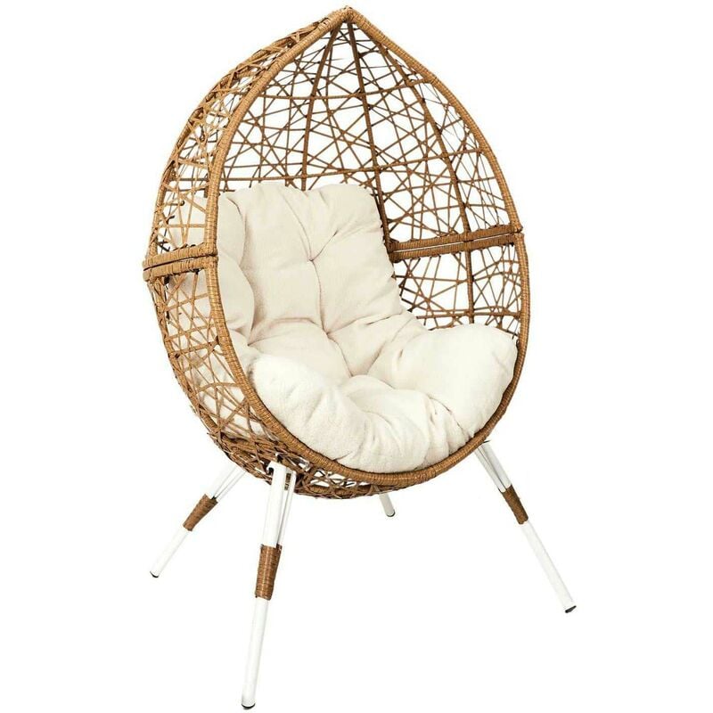 Mobilibrico - Fauteuil oeuf en résine tressée coussin en tissu beige Longueur 100 cm