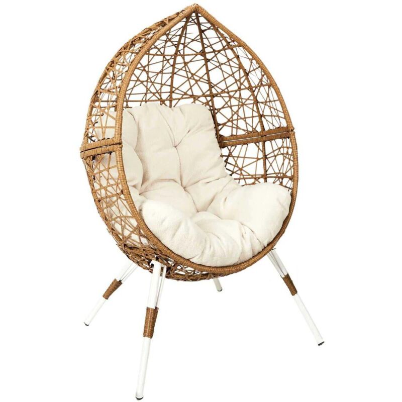 Mobilibrico - Fauteuil oeuf en résine tressée coussin en tissu beige Longueur 100 cm