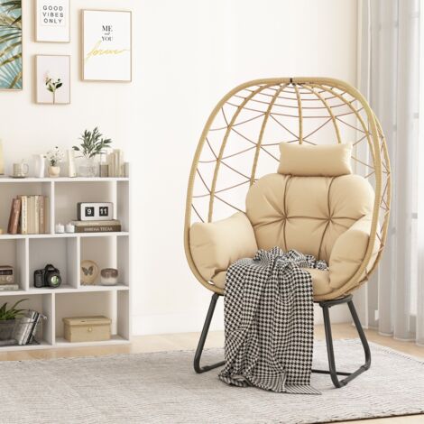 Fauteuil Œuf Rotin Patio Chaise Longue Coussin Amovible Beige CW46431