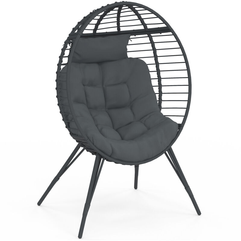 Fauteuil oeuf sur pied ajouré gris effet rotin avec coussin gris