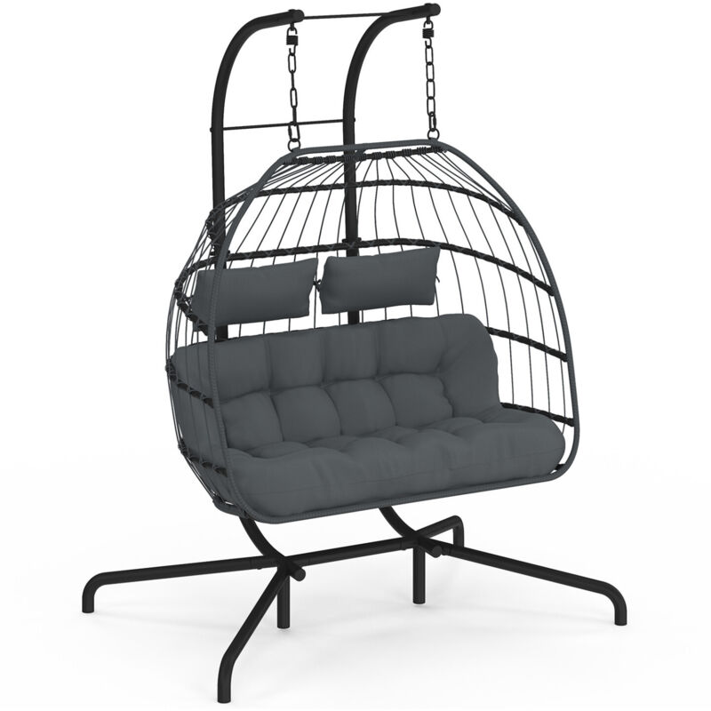 Fauteuil oeuf suspendu ajouré 2 places effet rotin gris avec coussin gris