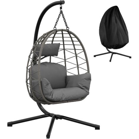 Fauteuil Œuf Suspendu Avec Support, Anti-Rouille, Rotin PE Gris, Coussin Démontable, Installation Sans Perçage, 150kg Charge, Gris