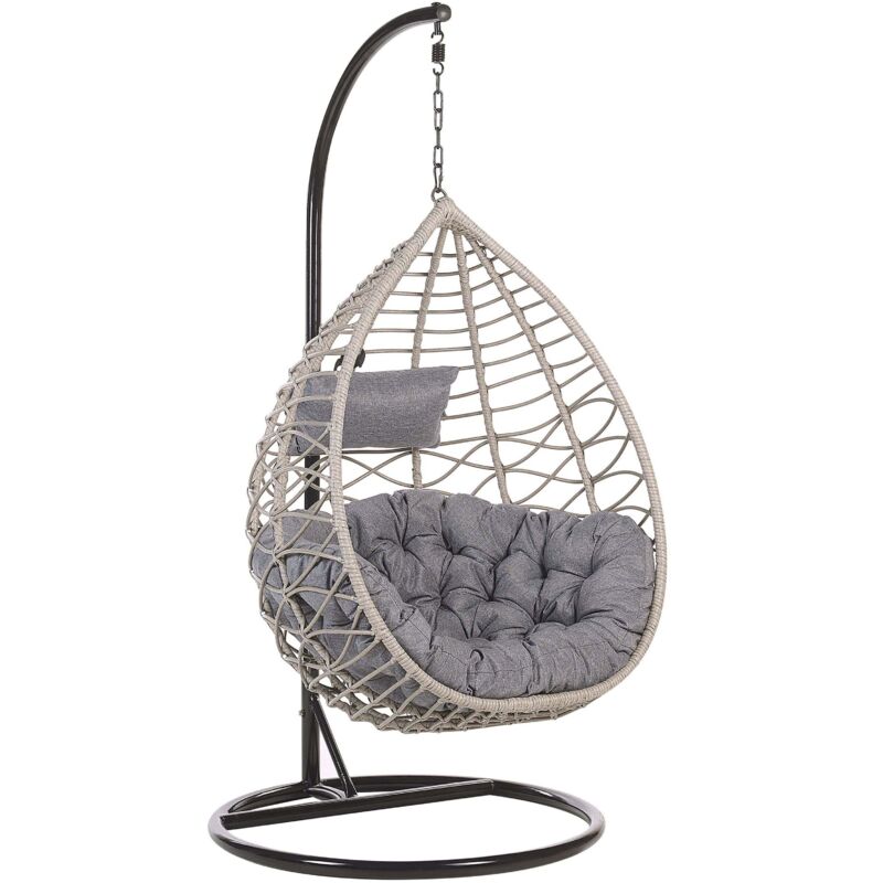 Fauteuil Suspendu en Rotin Gris avec Coussin et Support en Acier Noir pour Usage à l'Intérieur et Extérieur au Design Bohème Très Tendance Beliani