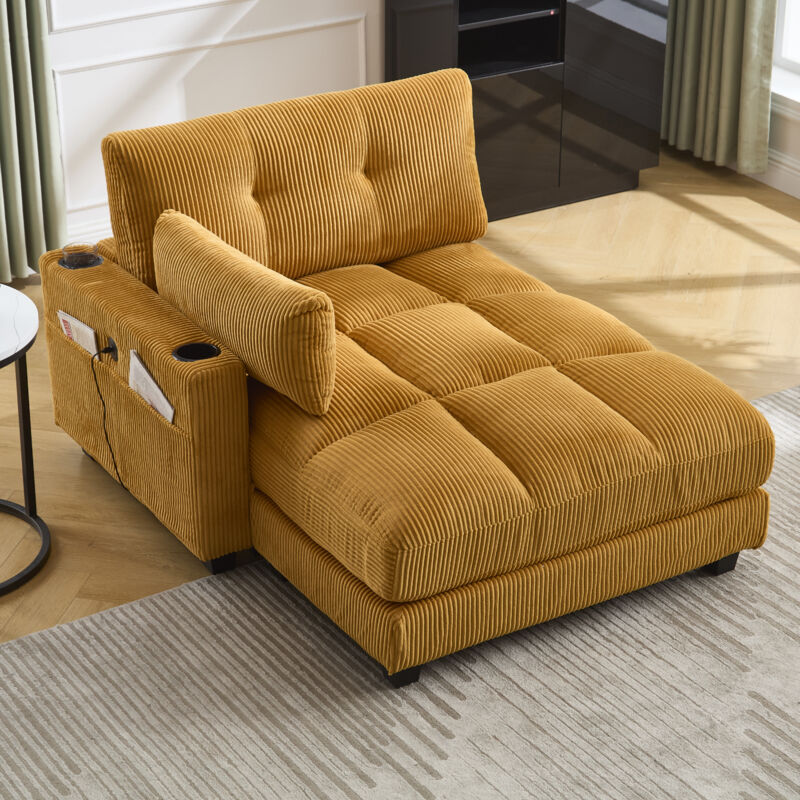 Fauteuil longue, canapé paresseux avec coussins roulants, rabats pour la tête, trois tasses et une poche latérale, jaune