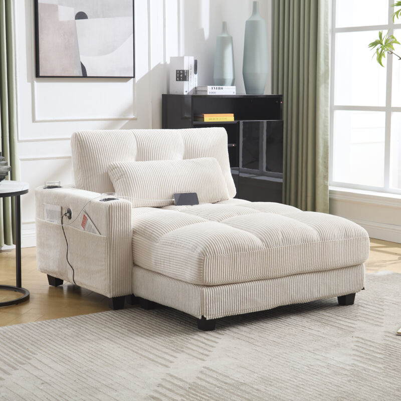 Fauteuil longue, canapé paresseux avec coussins roulants, rabats pour la tête, trois tasses et une poche latérale, beige