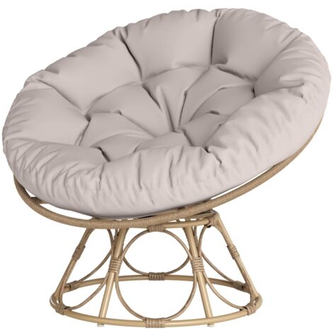 Fauteuil Papasan en rotin, 90 cm, pivotant et inclinable, gris clair, idéal pour un balcon ou un salon.