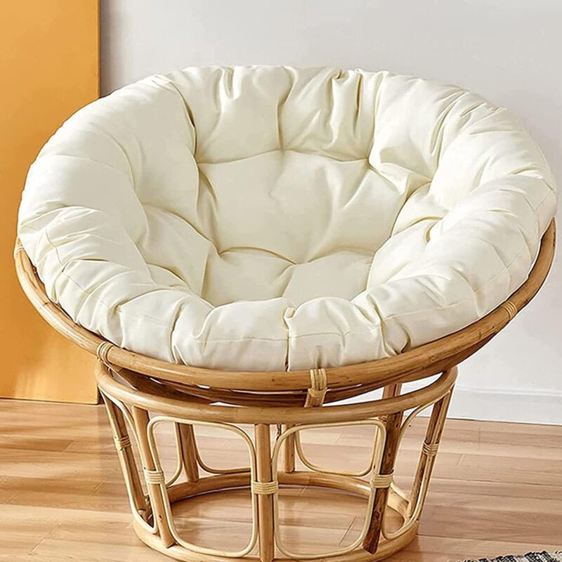 Deconation - Fauteuil Papasan en rotin beige - Chaise pour Extérieur ou Intérieur - Coussin blanc cassé - d 110 cm x h 80 cm - Livraison gratuite
