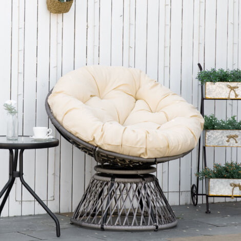 Fauteuil Papasan. fauteuil en osier. coussin d'assise. rotin synthétique. pivotant. structure en métal. 87 x 97 x 86 cm. beige