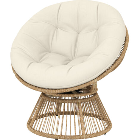 Fauteuil Papasan Pivotant 360° Siège Jardin Résine Tressée Coussin Épais 12cm 93x81x87cm Naturel