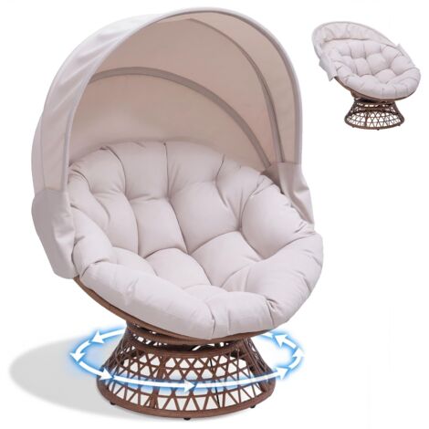 Fauteuil Papasan Rotatif avec Coussin Rond, Assise Confortable en Rotin, Fauteuil Relax pour Salon, Coin Lecture - Beige