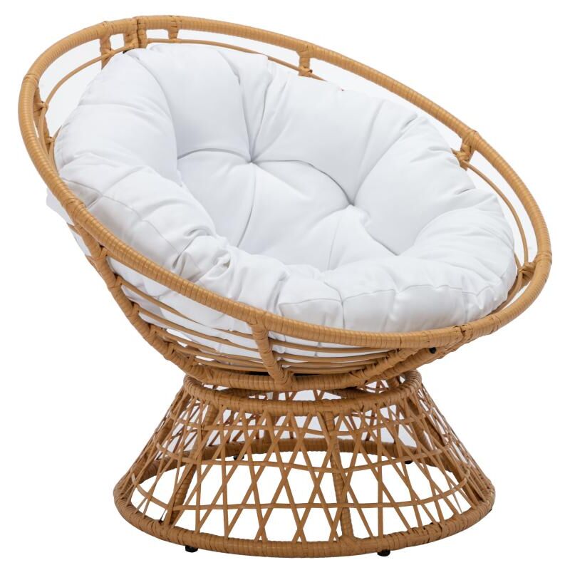 Fauteuil papasan rotatif en résine tressée - Naturel clair et coussin blanc - syndra de mylia
