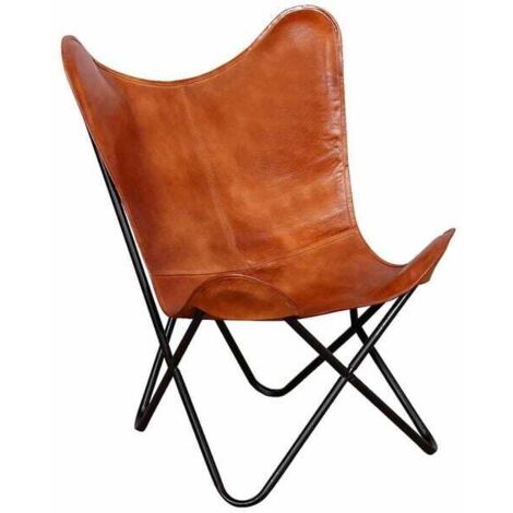 Fauteuil papillon, cuir véritable marron